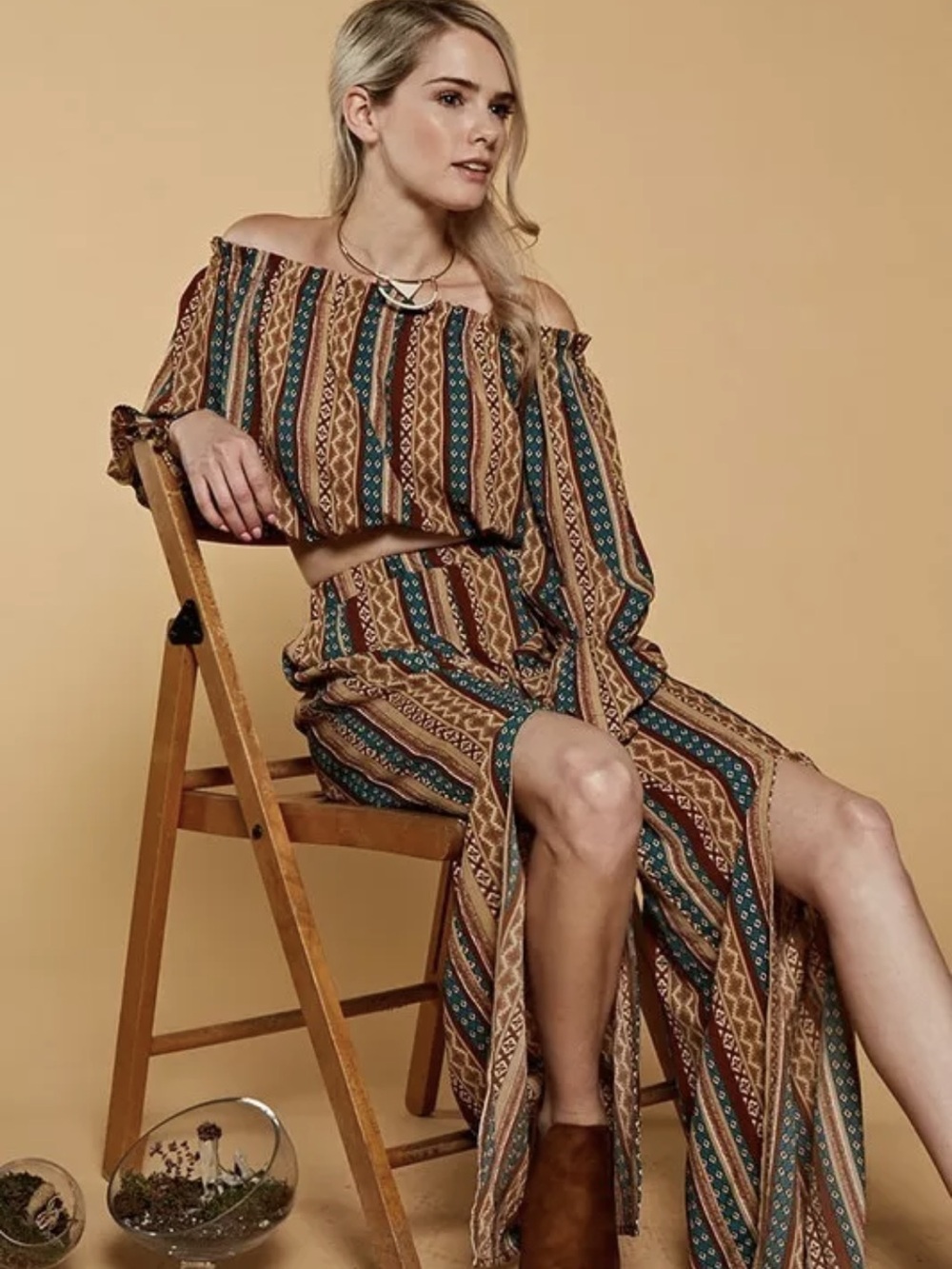 Boho Off-Shoulder Maxi Dress in Multi-Stripe